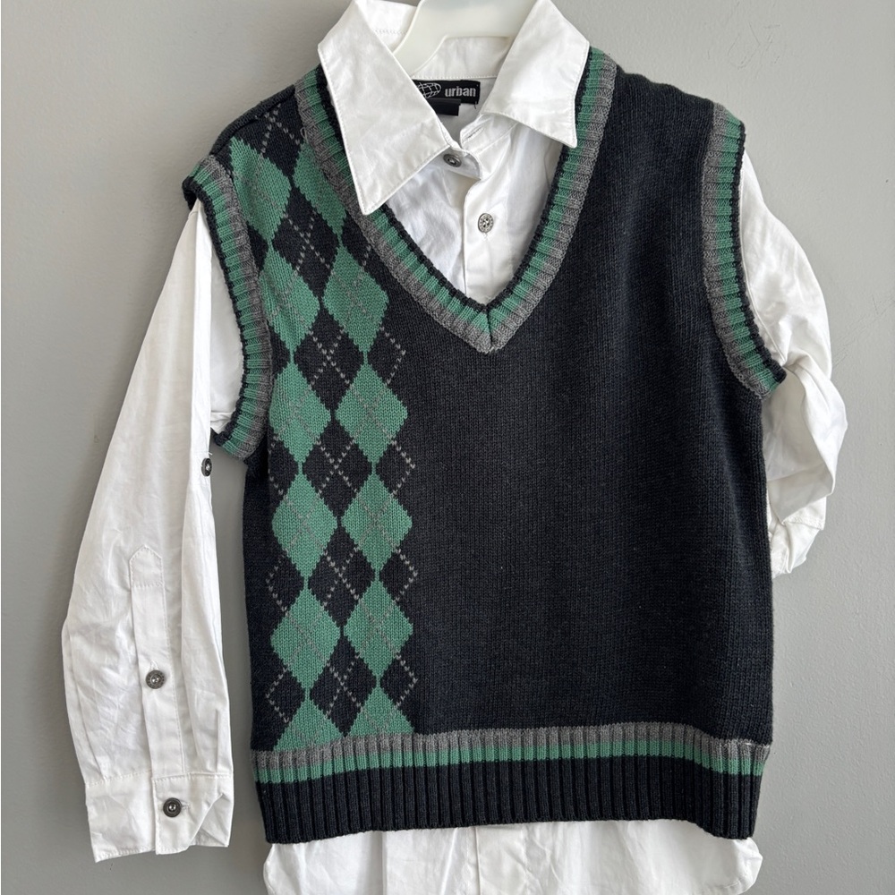 Urban Outfitters White Shirt with Black and Green Argyle Vest